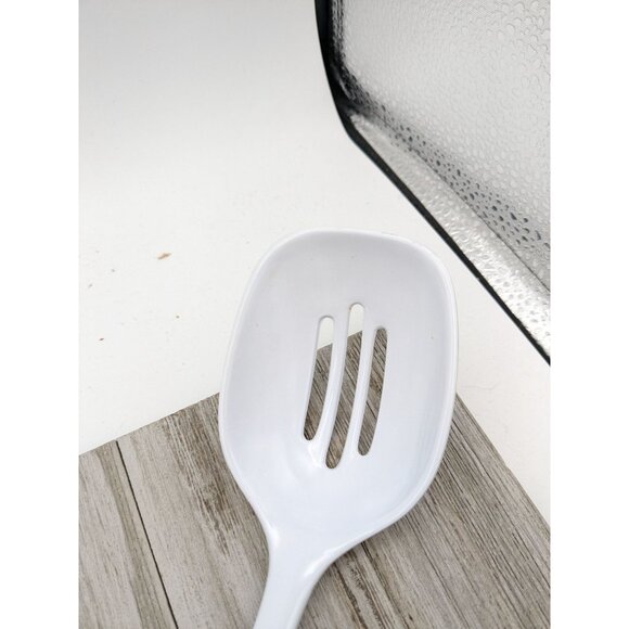 Vintage Indonesia White Melamine Ware Slotted Serving Spoon 11 1/2" Kitchen - Picture 2 of 7